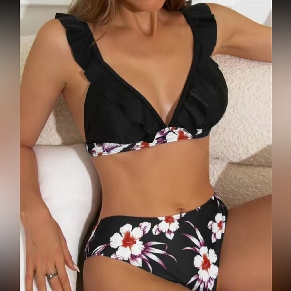Black & Flora Print Ruffle High-Waisted Bikini Set